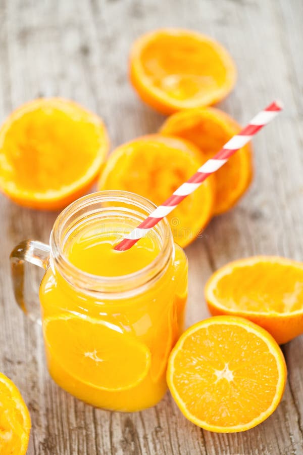 Orange Juice Squeezed in Glass Jar with Fund Rustic Stock Image Image