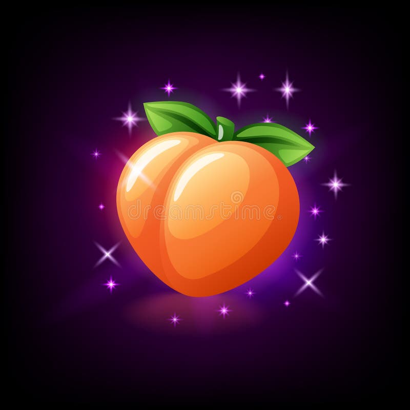 Orange juicy peach fruit with green leaf, slot icon for online casino or logo for mobile game on dark purple background