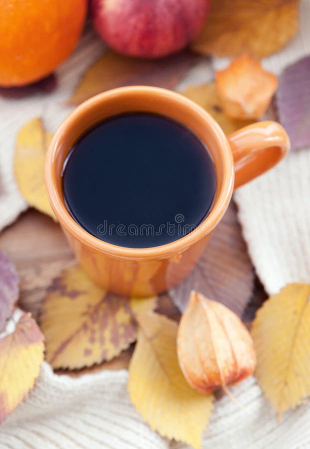 Orange kaffekopp på höstnedgångsidorna arkivbild Orange kaffekopp på höstnedgångsidorna arkivbild