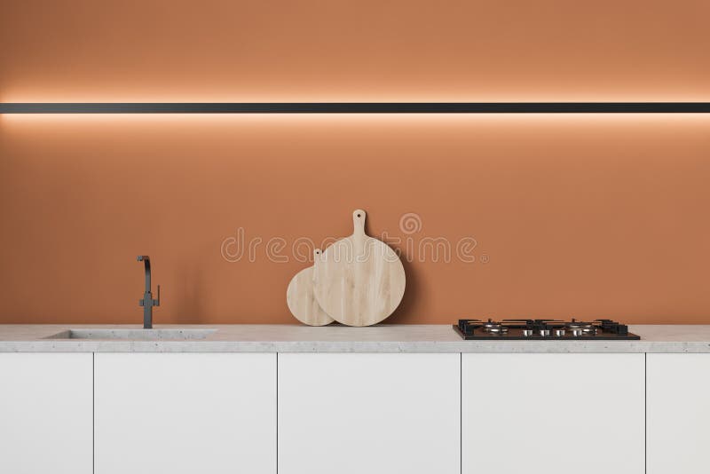 https://thumbs.dreamstime.com/b/orange-kitchen-interior-countertops-white-built-sink-cooker-standing-minimalistic-stylish-walls-gray-lamp-d-rendering-175539231.jpg