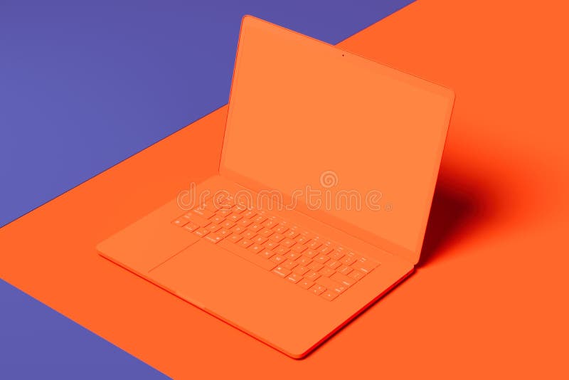 Orange Laptop with Blank Screen on Orange and Violet Background. 3d