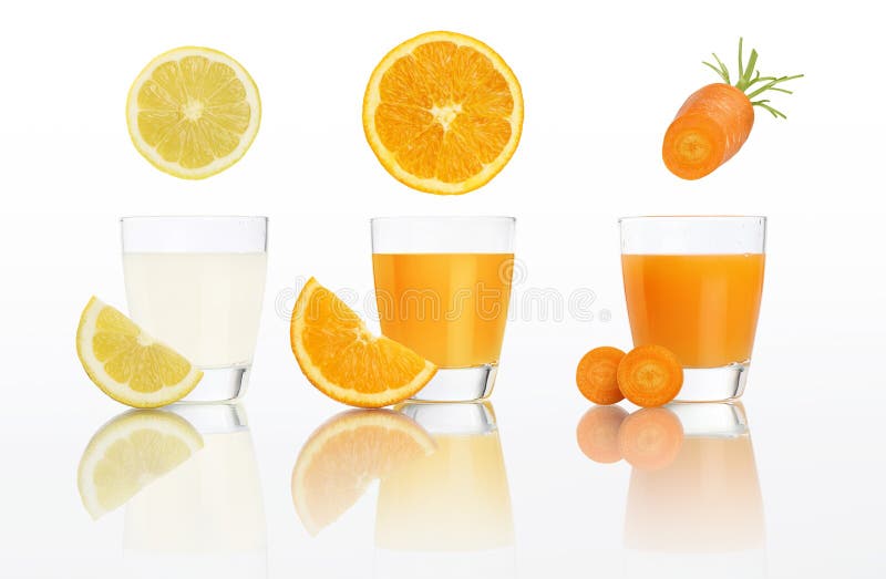 Orange , lemon, carrot, juice in glass isolated on white. Health