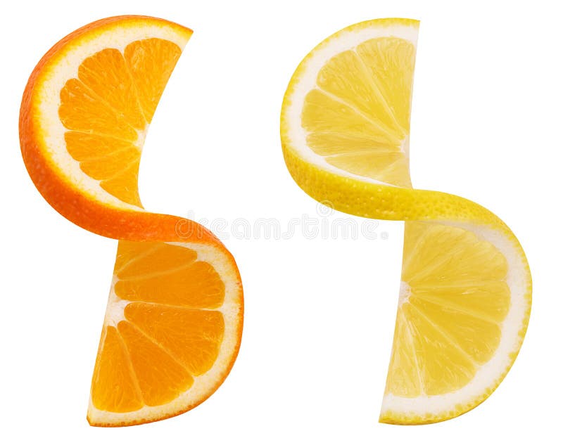 Orange and lemon fruit twisted slice isolated on white background. Clipping Path.