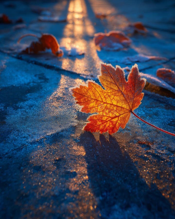 Orange Maple Leaf på Icy Ground at Sunrise, fryst vektor illustrationer