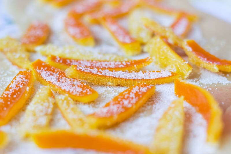 Close up of a homemade orange peel candy