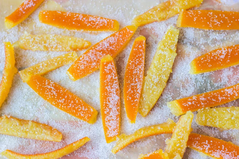 Homemade orange peel candy on baking paper