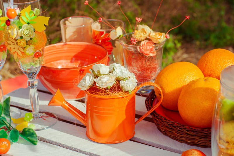 Orange Picnic with Oranges Flowers and Glasses Stock Image Image of