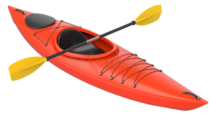 Orange plastic kayak with yellow paddle. 3D render, isolated on white background. royalty free illustration