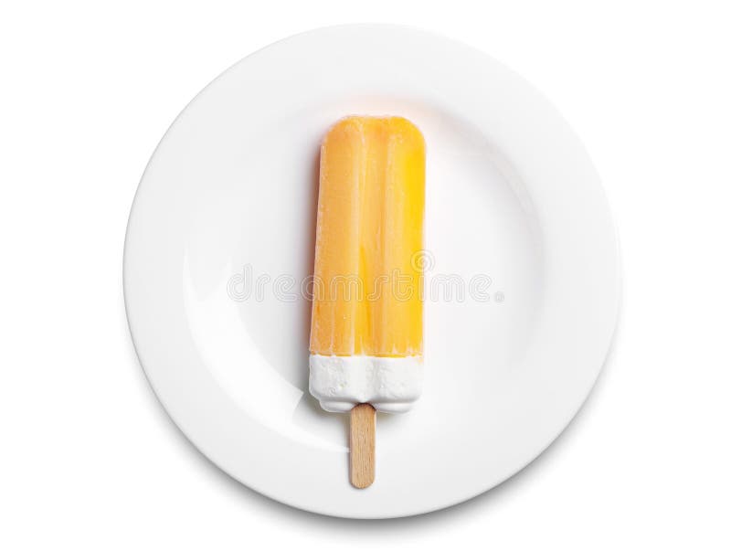 Orange popsicle in a plate on white background