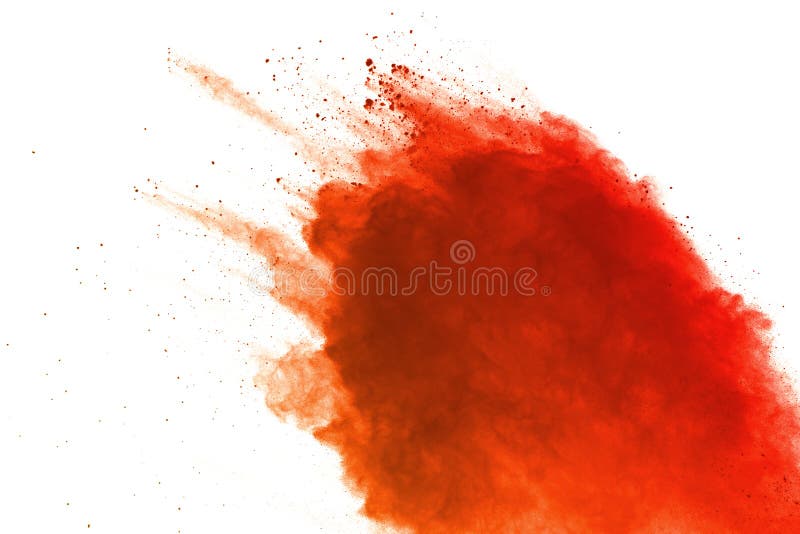 Orange pulverexplosion på vit bakgrund Kulört moln Färgrikt damm exploderar Målarfärg Holi