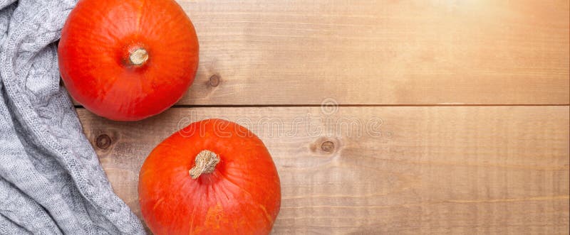 Orange pumpkin, cozy sweater on wooden background. Rustic style. Autumn concept. Top view. Horizontal banner Sun flare royalty free stock images Orange pumpkin, cozy sweater on wooden background. Rustic style. Autumn concept. Top view. Horizontal banner Sun flare royalty free stock images