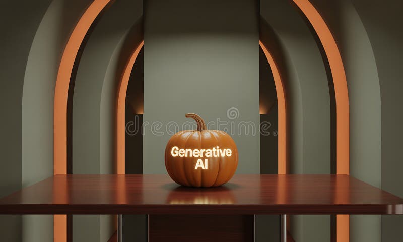 Pumpkin Showcase Displaying Generative AI Text on a Glossy Table Against Ornate Background with royalty free illustration