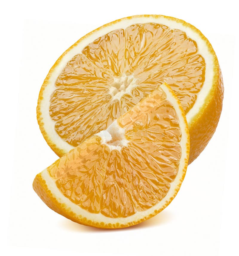 Orange Quarter And Half Pieces Isolated On White Background Stock Photo