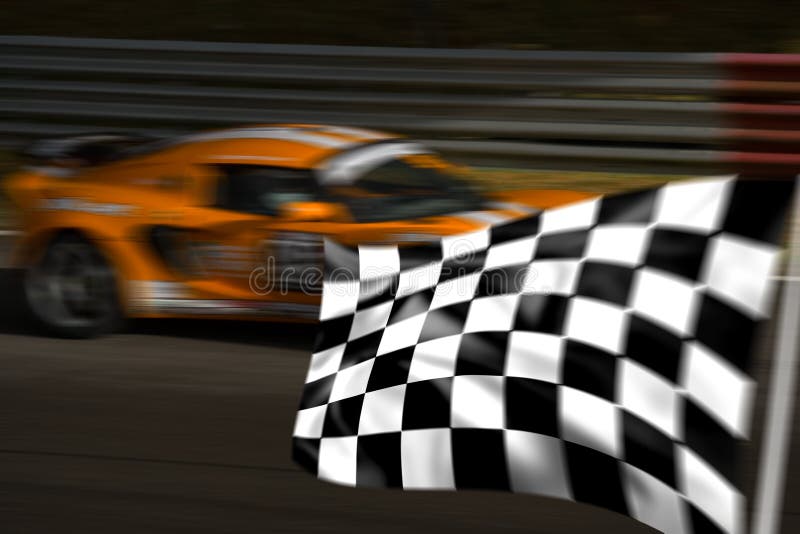 Orange racing car and chequered flag