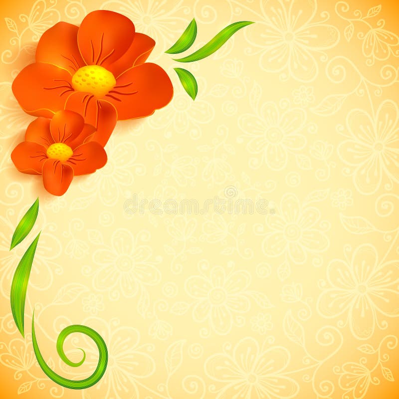 Orange realistic flowers ornate greeting card vector illustration