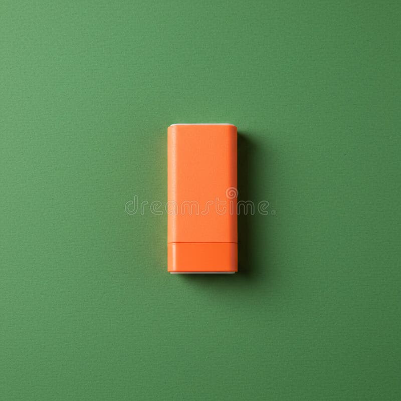 An orange rectangular plastic container is placed centrally on a green textured surface. The container is likely a stick applicator, possibly for deodorant or lip balm, indicated by the twist mechanism at the bottom. The clean, simple layout highlights the contrast between the bright orange and the muted green background. Applicator stick illustrations