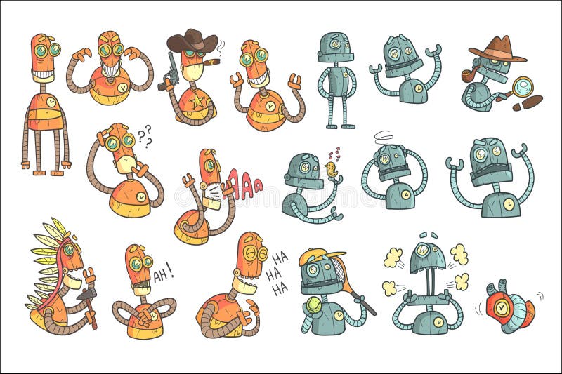 Orange Roboter-Satz der Karikatur umrei?t Portr?ts stock abbildung Orange Roboter-Satz der Karikatur umrei?t Portr?ts stock abbildung