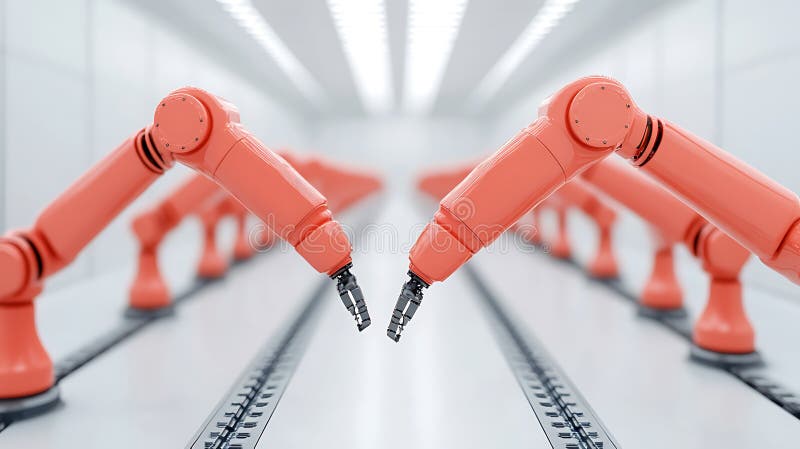 Orange Roboterwaffen auf Montagelinie im sauberen Raum vektor abbildung
