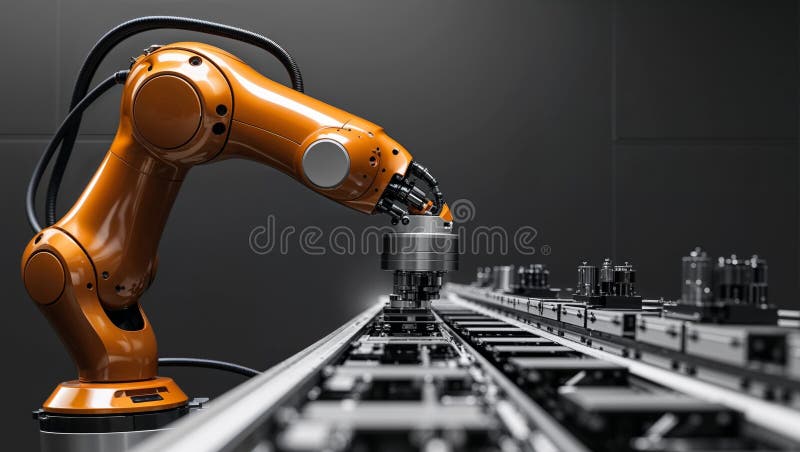 Orange Robotic Arm Assembling Components på en Conveyor Belt. arkivfoto