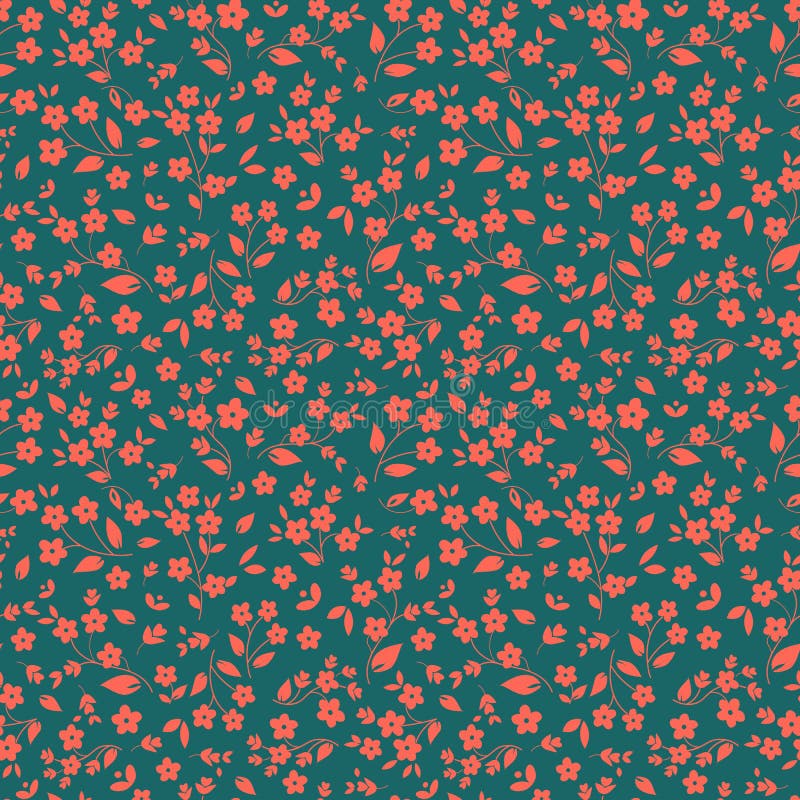 Orange rosaaktiga små blommor för sömlös blom- vektormodell på mörker - grön bakgrund som är ditzy, millefleurs, tyg stock illustrationer