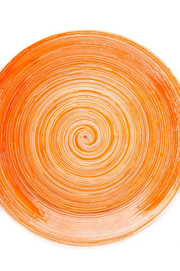 Orange Round Ceramic Plate with Spiral Pattern, Isolated on White Stock