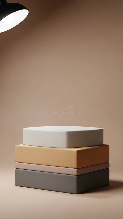 Stack of Four Rounded Rectangular Display Platforms in Different Earthy Tones of White Cream Orange and Grey Arranged Centered stock illustration