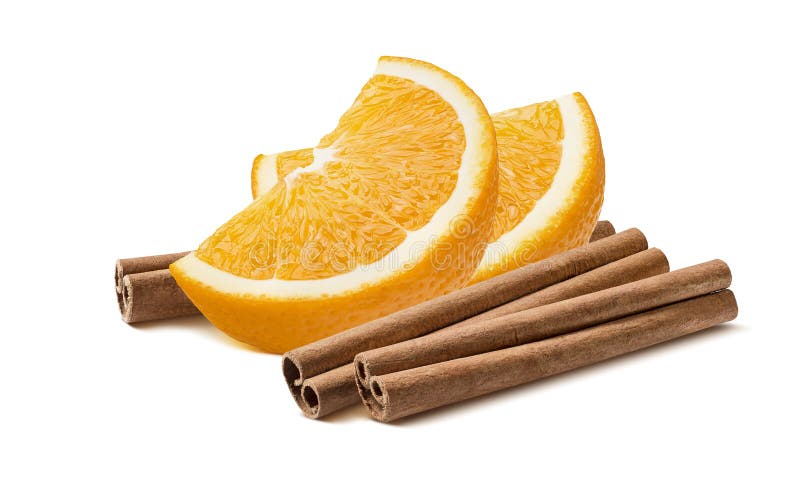 Orange slices cinnamon sticks horizontal isolated on white