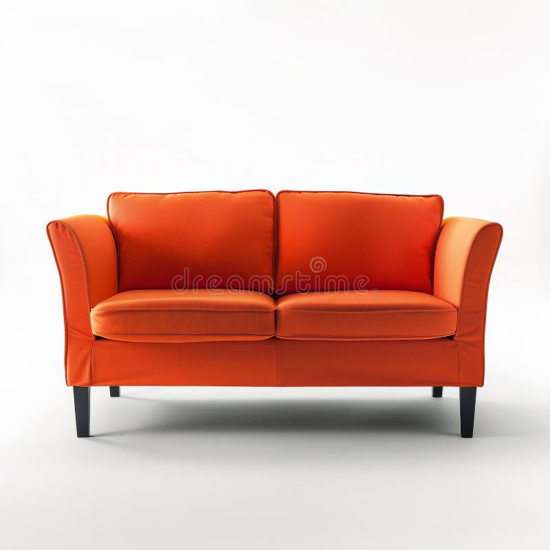 An orange couch stands on top of a white floor in a minimalist setting. AI Generative AI generated. An orange couch stands on top of a white floor in a minimalist setting. AI Generative AI generated