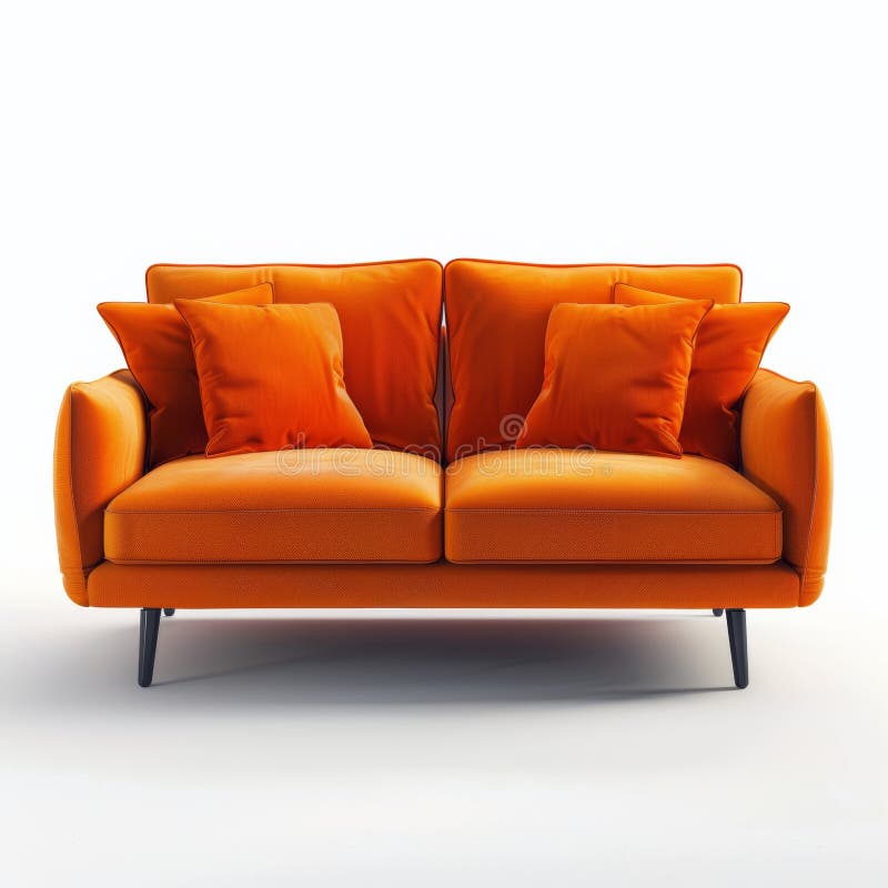 An orange couch stands on top of a white floor in a minimalist setting. AI Generative AI generated. An orange couch stands on top of a white floor in a minimalist setting. AI Generative AI generated