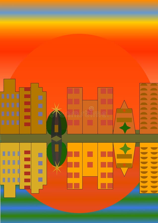 Orange Sonnenuntergang über der Stadt vektor abbildung Orange Sonnenuntergang über der Stadt vektor abbildung