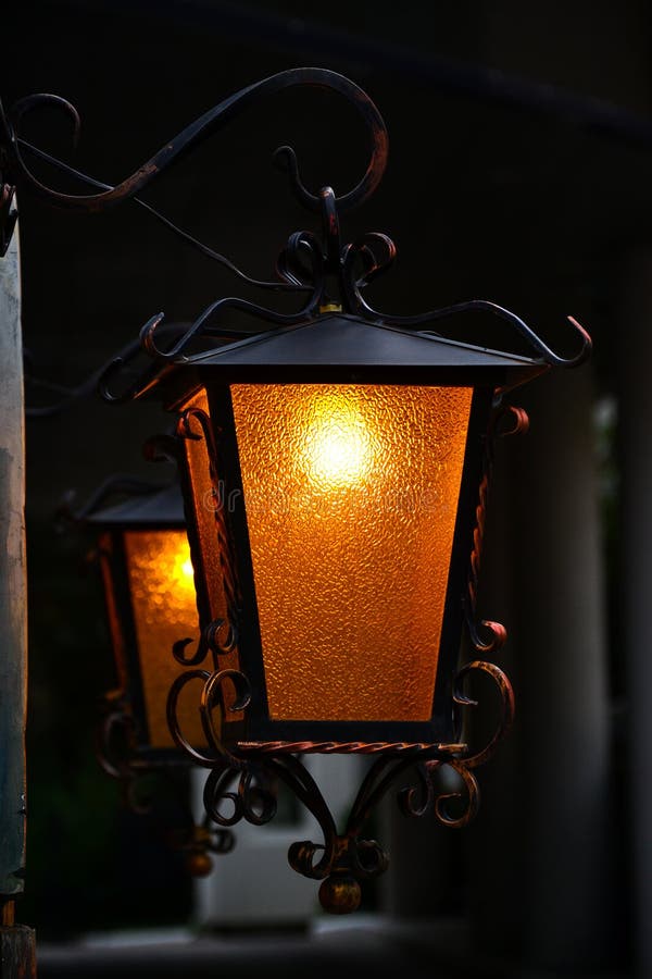 Orange Lit Street Light Blue Skies and Clouds Stock Photo Image of