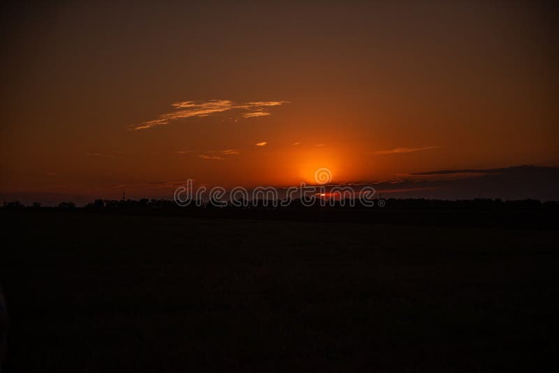 Orange Sunset Field Skyline Silhouette The Last Ray Of The Sun Stock