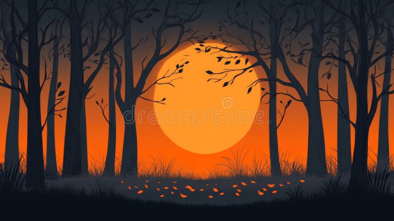 Orange Sunset Silhouette in a Dark Forest vector illustration