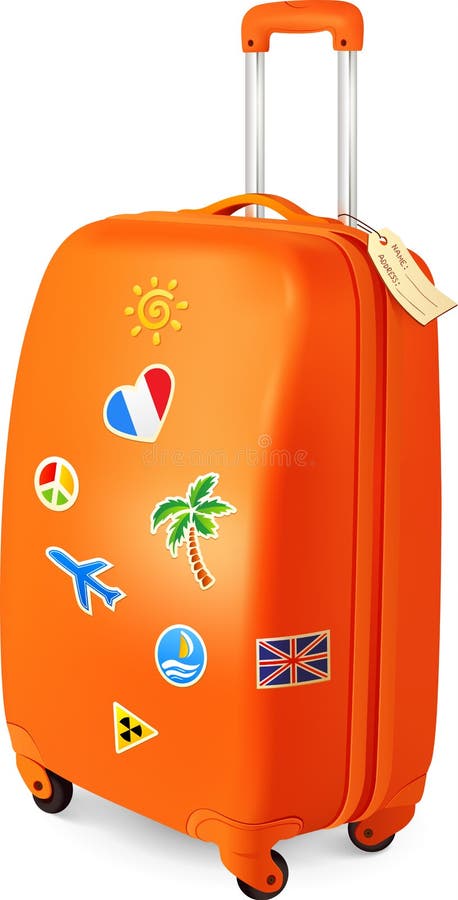 Orange travelling baggage suitcase with stickers stock illustration Orange travelling baggage suitcase with stickers stock illustration