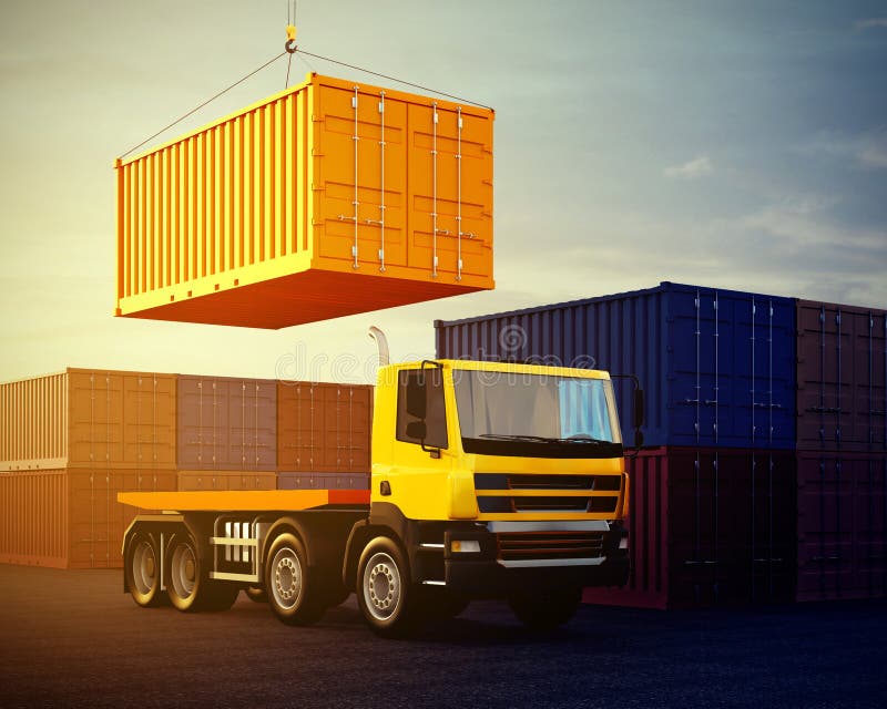 3d illustration of orange truck on background of stack of freight containers. Stack vehicle illustrations