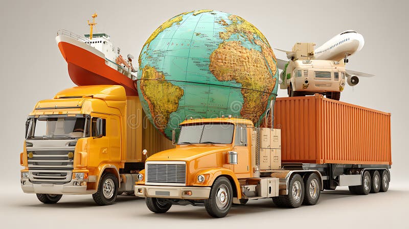 Orange Trucks Sattelanhänger und Frachtschiff in der Nähe einer Globe Illustrating Global Logistics lizenzfreie abbildung