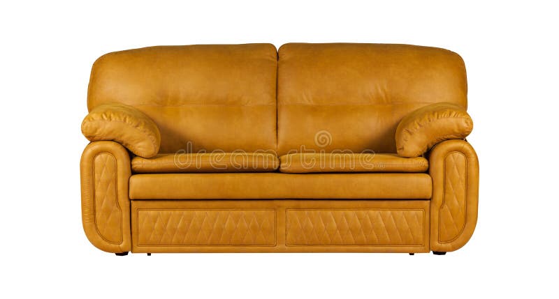 Orange two-seat leather sofa isolated on white background