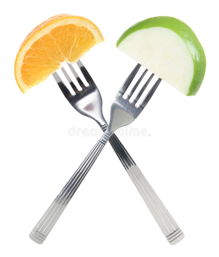 Orange und Apple auf Gabeln stockfotos Orange und Apple auf Gabeln stockfotos