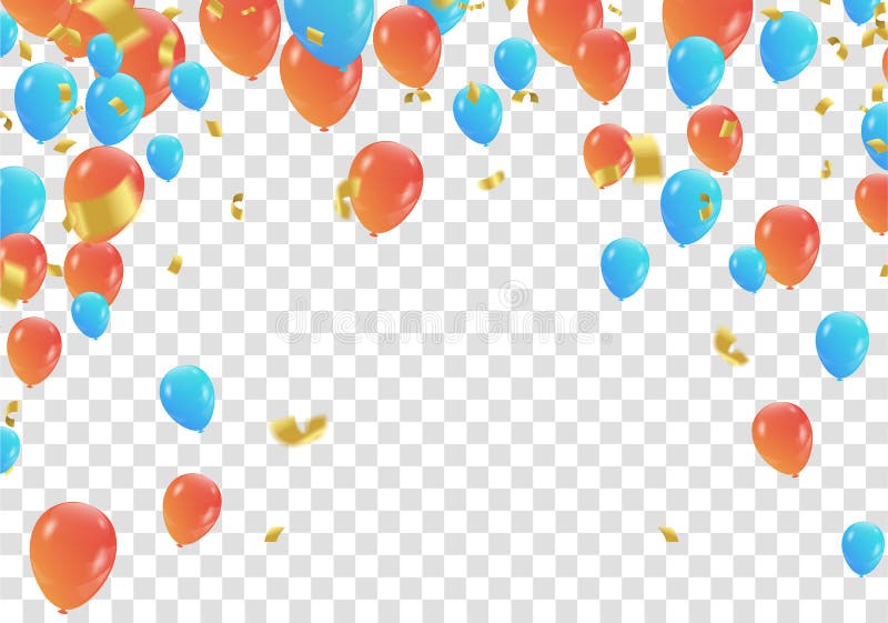 Orange und blaue Ballone und Konfettiparteifahne mit und ser stock abbildung