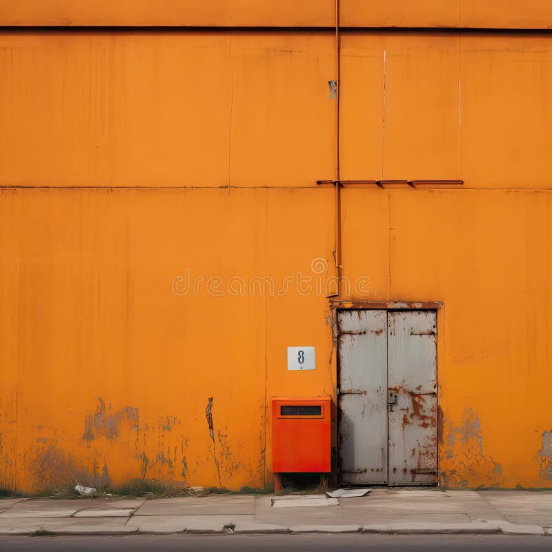 Orange Wall of an Industrial Building with a Rusty Door Stock