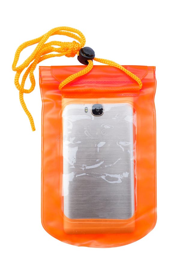 Orange waterproof mobile phone case isolated on white background. PVC zip lock bag protect mobile phone and important items from w