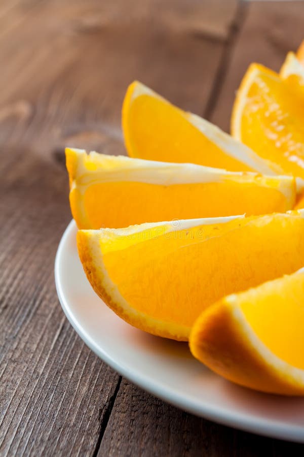 Orange Slices Wedges On White Plate Stock Photo - Image of citrus