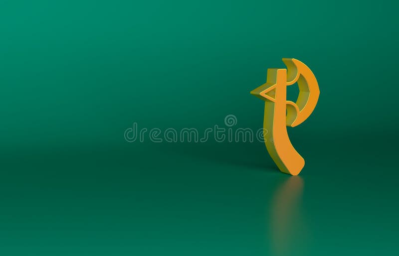 Orange Wooden axe icon isolated on green background. Lumberjack axe. Happy Halloween party. Minimalism concept. 3D render illustration.