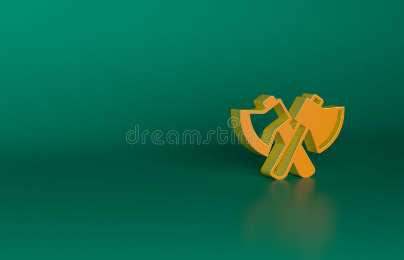 Orange Wooden axe icon isolated on green background. Lumberjack axe. Minimalism concept. 3D render illustration.