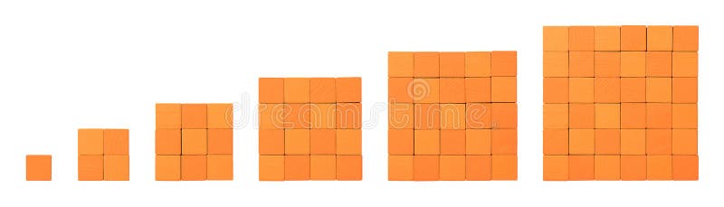 Orange wooden cubes, arranged in squares, showing square numbers from 1 to 6 stock photos