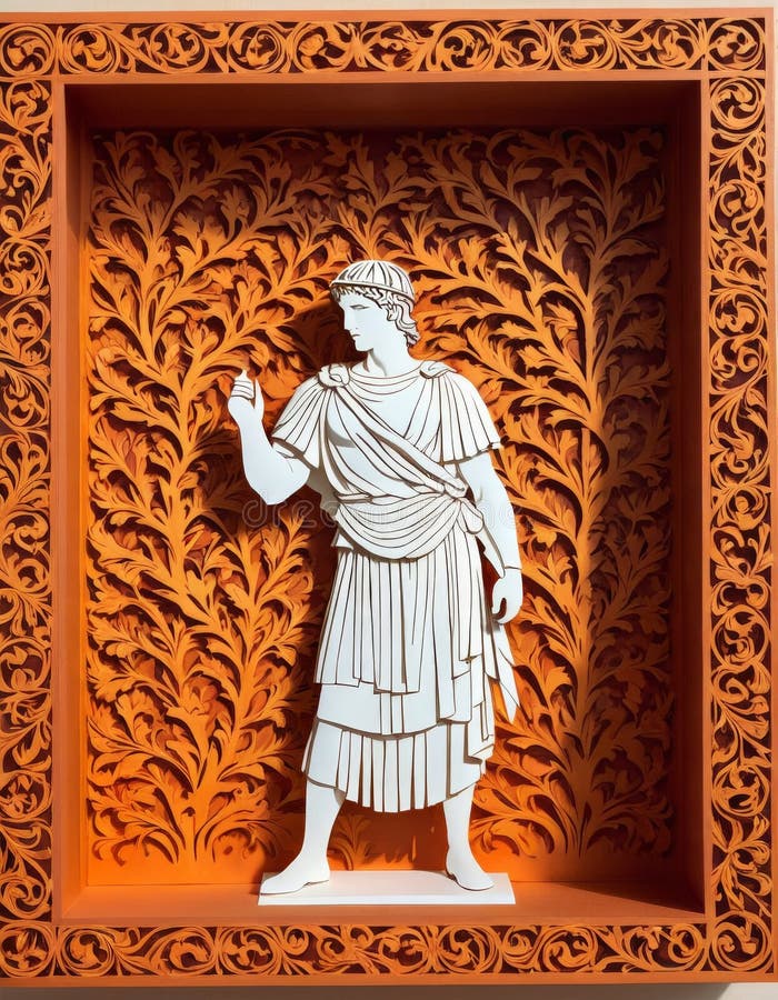 Orangefarbene römische Statue mit einem aufwändigen orangefarbenen Hintergrund lizenzfreie stockfotos