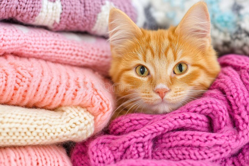 Orangefarbene Tischkatze in farbigen gestrickten Decken stockfotografie