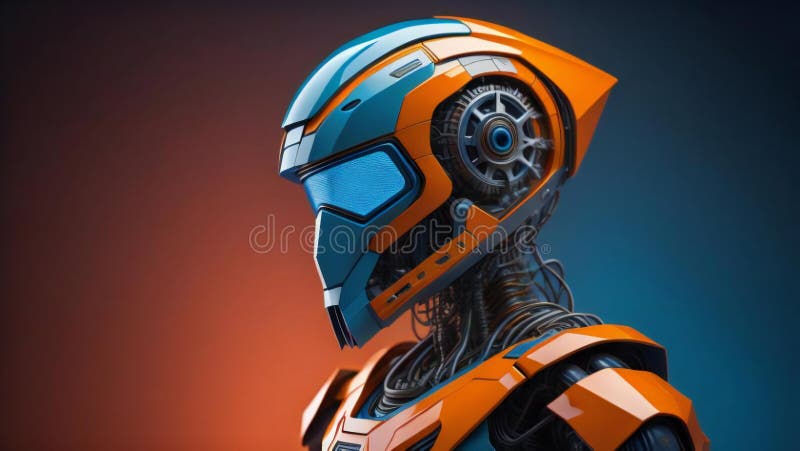 Orangefarbener Roboter mit blauem Helm auf dunklem Hintergrund. generative Hilfe lizenzfreie abbildung