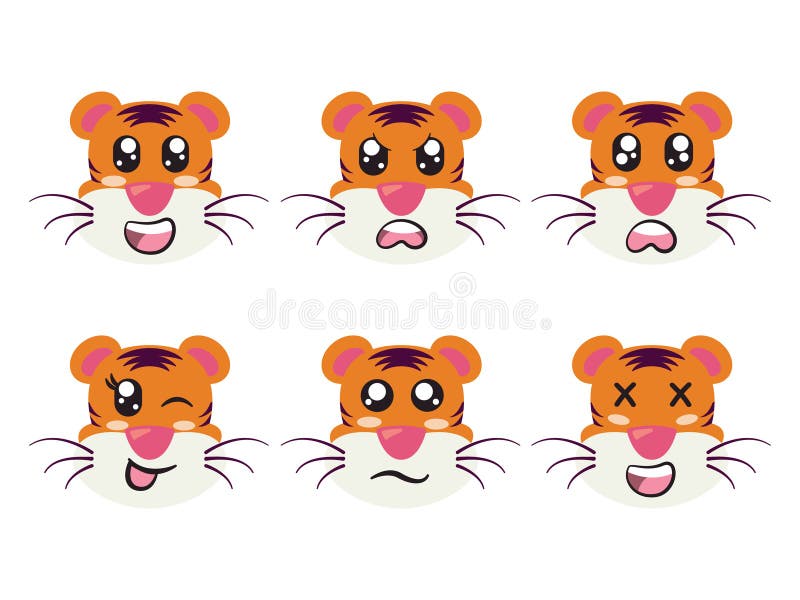 Orangefarbener Tiger Gesicht Charakter Ausdruck Lächeln lachen glücklich traurigen Blinzauge und fröhliche Geste vektor abbildung