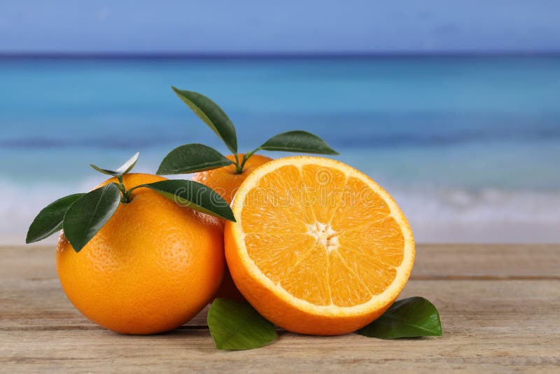 Oranges Fruits on the Beach Stock Image Image of vacation, leaves